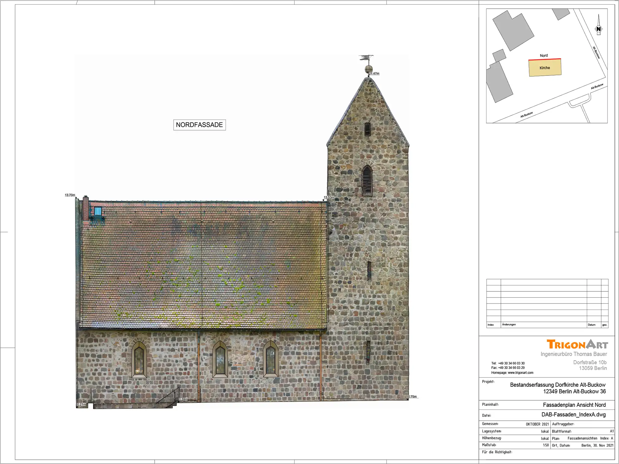 Dorfkirche Alt-Buckow - Fassadenplan mit Messild