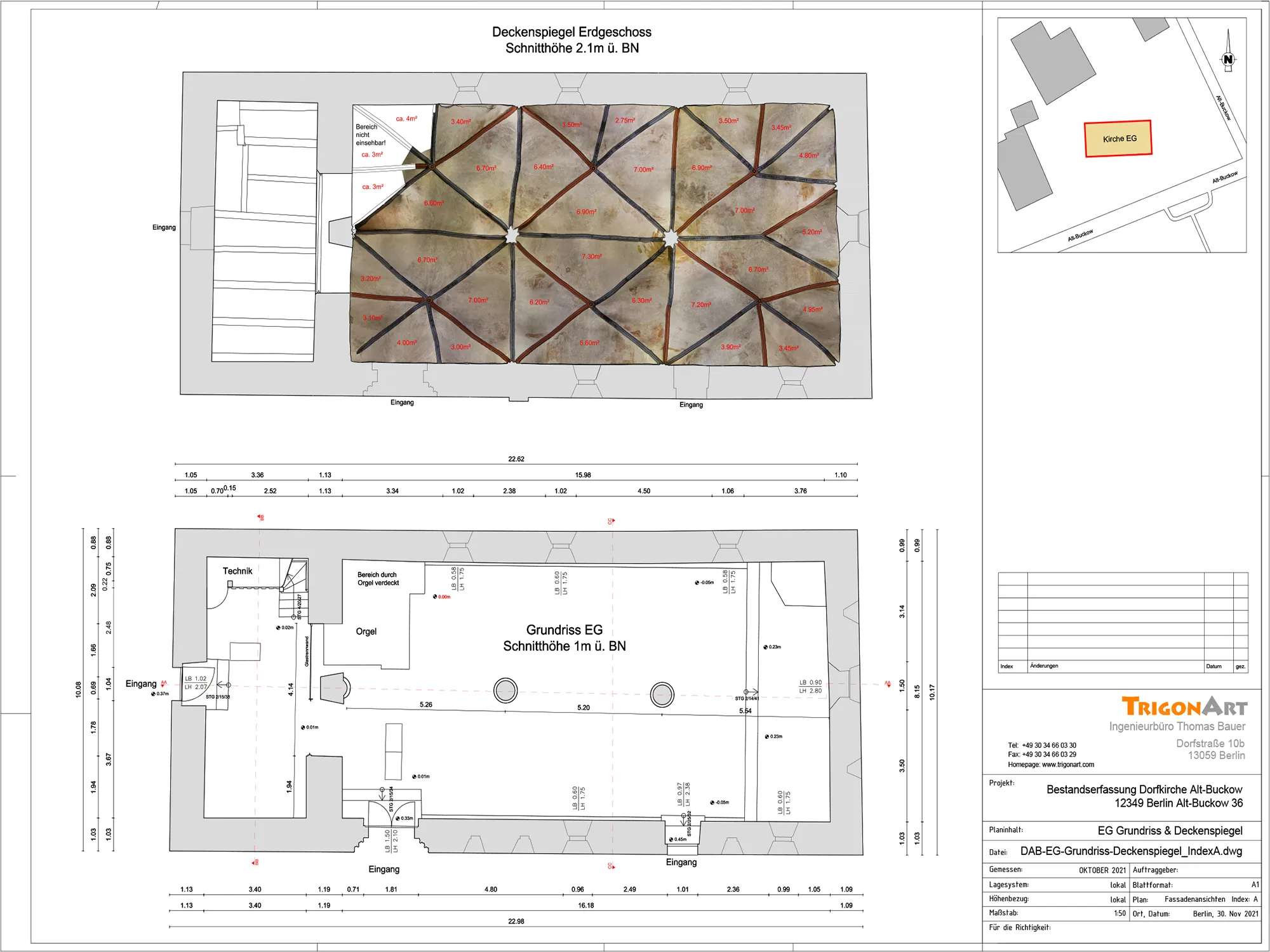 Dorfkirche Alt-Buckow - Erstellung und Zeichnung von Horizontalschnitten und Deckenspiegeln im CAD