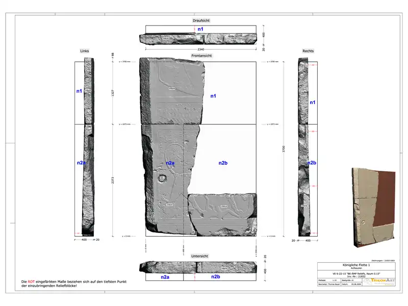 Tempelreliefs – Neues Museum Berlin - Ausgabe eines CAD-Aufbauplanes vom Relief Flotte